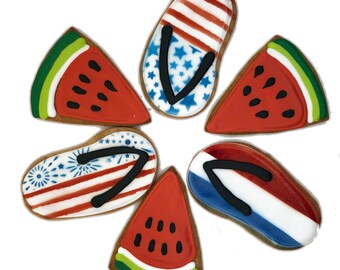 Flip Flop Watermelon Patriotic Cookie Mix- Set of 6 Crunchy Shortbread Cookies Individually Wrapped by BakersDozenToGo