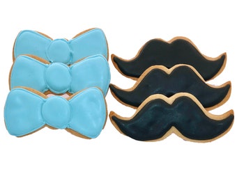 Mustache and Bowtie Cookies- Set of 6 Crunchy Shortbread Cookies Individually Wrapped by BakersDozenToGo