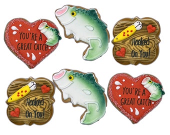 Hooked On You Fishing Valentine- Set of 6 Crunchy Shortbread Cookies Individually Wrapped by BakersDozenToGo