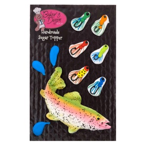 Jumping Rainbow Trout- 10 pcs Fish and Fly Fishing Lures Edible Royal Icing Cake Topper Cupcake Decoration Handmade by BakersDozenToGo