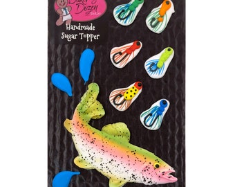 Jumping Rainbow Trout- 10 pcs Fish and Fly Fishing Lures Edible Royal Icing Cake Topper Cupcake Decoration Handmade by BakersDozenToGo