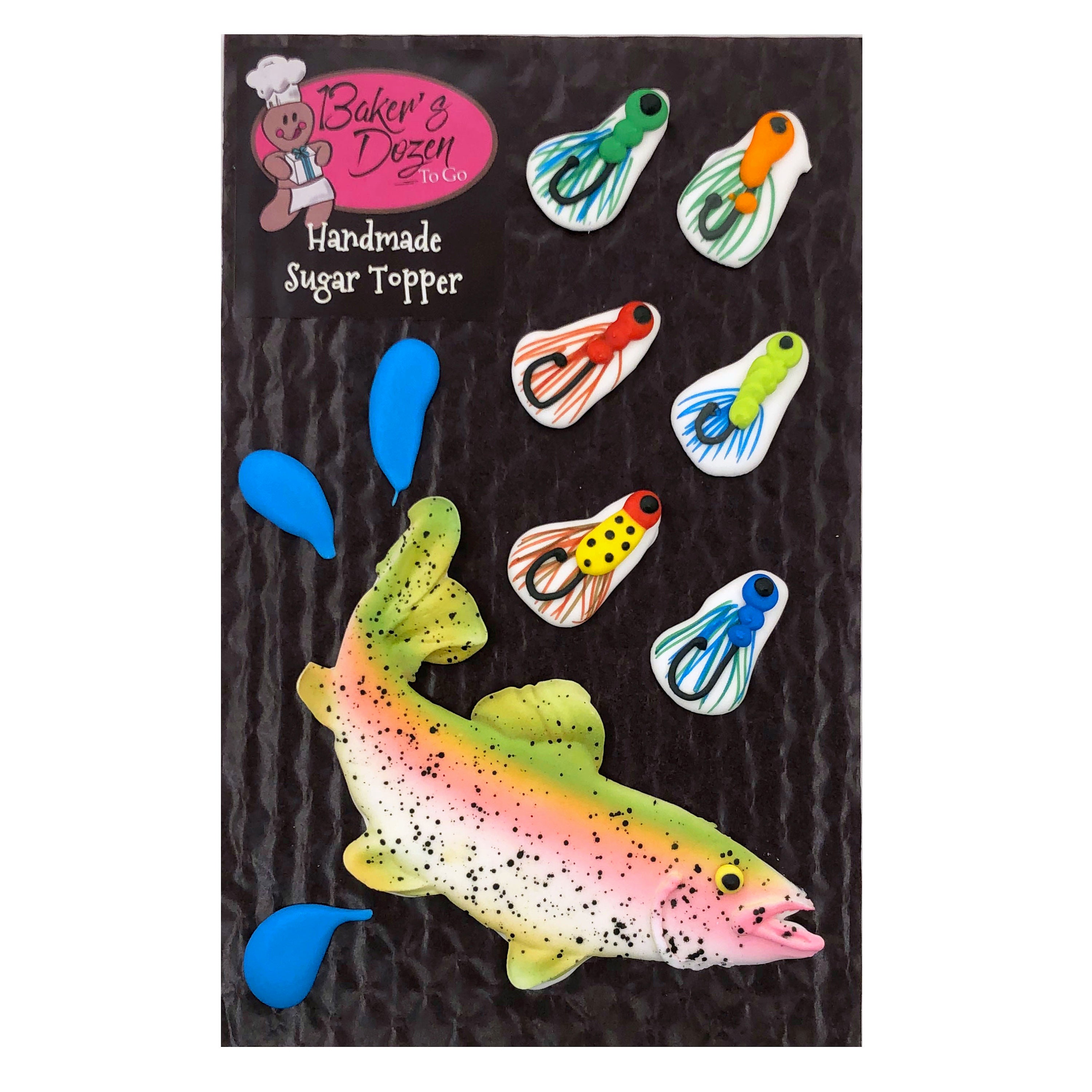 Jumping Rainbow Trout- 10 pcs Fish and Fly Fishing Lures Edible Royal Icing  Cake Topper Cupcake Decoration Handmade by BakersDozenToGo