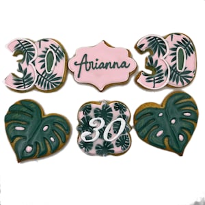 Monstera Birthday Cookies- Set of 6 Crunchy Shortbread Cookies Individually Wrapped by BakersDozenToGo