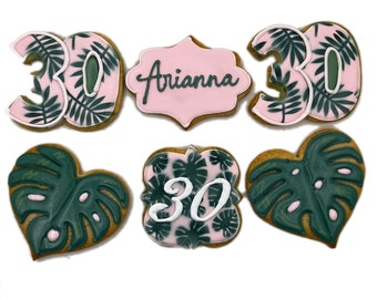 Monstera Birthday Cookies- Set of 6 Crunchy Shortbread Cookies Individually Wrapped by BakersDozenToGo