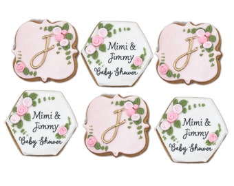 Floral Monogram Cookies- Set of 6 Crunchy Shortbread Cookies Individually Wrapped by BakersDozenToGo