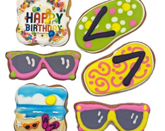 Beach Birthday Cookies- Set of 6 Crunchy Shortbread Cookies Individually Wrapped by BakersDozenToGo