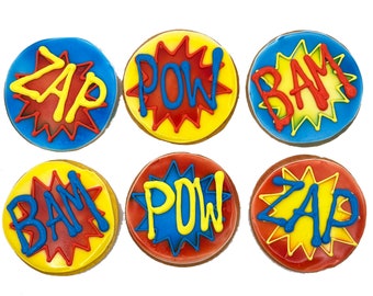 Super Hero Comic Cookies- Set of 6 Crunchy Shortbread Cookies Individually Wrapped by BakersDozenToGo