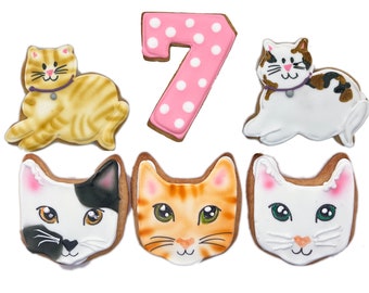 Cat Kitten Assortment- Set of 6 Crunchy Shortbread Cookies Individually Wrapped by BakersDozenToGo