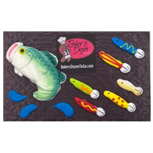 Large Mouth Bass- 10 pcs Fish and Fishing Lures Edible Royal Icing Cake Topper Cupcake Decoration Handmade by BakersDozenToGo