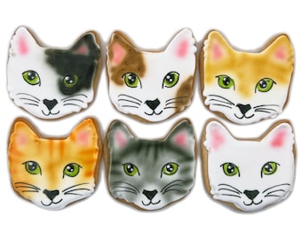Cat Portrait Cookies- Set of 6 Crunchy Shortbread Cookies Individually Wrapped by BakersDozenToGo