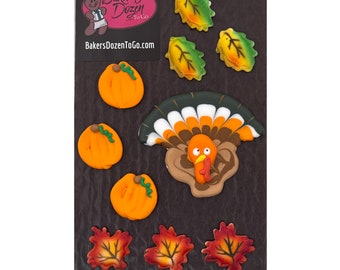 Turkey Fall Cake Topper- 10 pcs Candy Edible Icing Cake Decoration Topper Kit Thanksgiving Fall by BakersDozenToGo