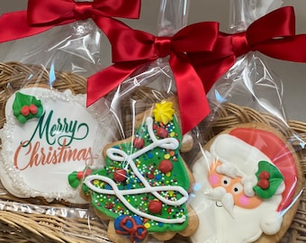 Merry Christmas Tree and Santa- Set of 6 Crunchy Shortbread Cookies Individually Wrapped by BakersDozenToGo