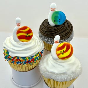Mini Bowling- 12 pcs Edible Royal Icing Cake Topper Cupcake Decoration Handmade Gourmet by BakersDozenToGo