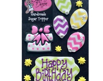 Happy Birthday Plaque Balloons & Gift- Pink Purple Yellow Lime- 12 pcs Edible Icing Cake Topper Cupcake Decoration Handmade BakersDozenToGo