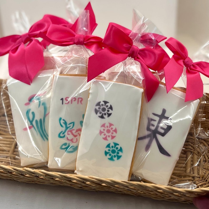 Mahjong Tile Cookies- Set of 6 Crunchy Shortbread Cookies Individually Wrapped by BakersDozenToGo Pink Teal Purple