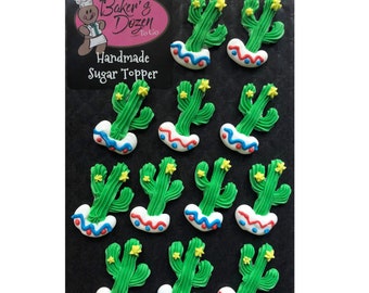 Fiesta Cactus- 12 pcs Edible Royal Icing Cake Topper Cupcake Decoration Handmade Gourmet by BakersDozenToGo