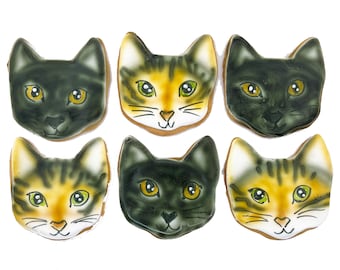 Cat Portrait Cookies- Set of 6 Crunchy Shortbread Cookies Individually Wrapped by BakersDozenToGo