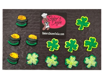 Shamrock and Pot of Gold St Patricks Day- 12 pcs Edible Royal Icing Cake Topper Cupcake Decoration Handmade Gourmet by BakersDozenToGo