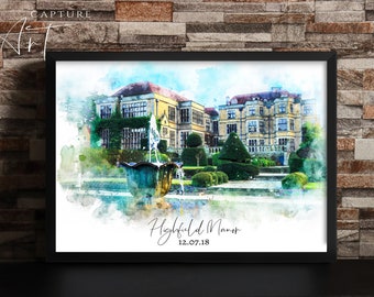 Custom Watercolour Wedding Venue Portrait, Anniversary Gift