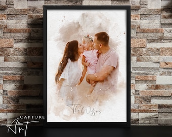 Custom Watercolour Family Portrait, Personalised Photo Family Art