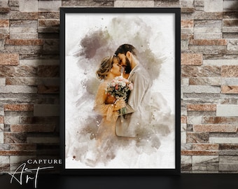May include: A watercolor painting of a couple in love. The man is wearing a gray suit and the woman is wearing a white dress. They are holding a bouquet of flowers and are looking at each other.