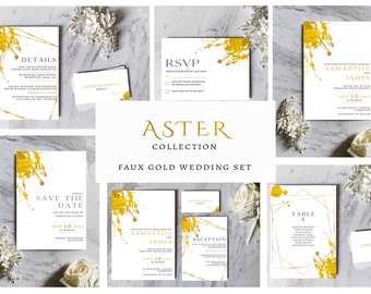 Collezione ASTER, Invito matrimonio oro finto, Moderno kit di nozze minimalista, Lusso Modello Digitale Scarica, Modello Matrimonio Oro