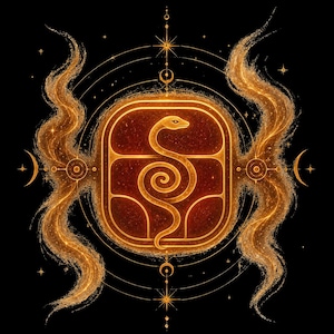 May include: A golden glowing illustration on a black background featuring a central rectangular cartouche with rounded corners containing a coiled snake. The design is surrounded by swirling light trails, celestial circles, and small stars.