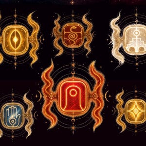 May include: A collection of six square digital icons on a black background, each featuring a glowing central symbol surrounded by radiating light, wavy flame-like patterns, and thin circular lines with small star-like accents in gold, red, and blue.