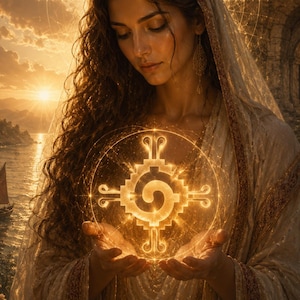 May include: A figure with long wavy hair wearing a draped beige garment and a head covering, holding a glowing golden circular emblem featuring a central spiral and four symmetrical arms, set against a backdrop of a sunset over a coastal landscape.