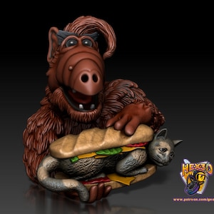 May include: A brown furry alien creature holding a large sandwich with a cat inside. The sandwich has lettuce, tomato, cheese, and a red sauce. The alien is smiling and has a mischievous look on its face. The cat is looking at the camera with a curious expression. The image is a 3D model and is part of a series of 3D models created by Hex3D. The website address for Hex3D is included in the image.