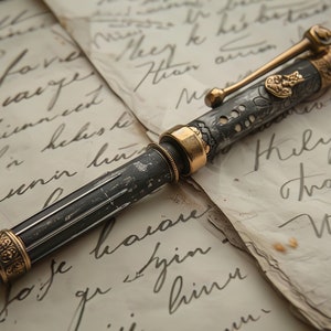 May include: An antique fountain pen with a gold nib and decorative gold and silver detailing, set against a backdrop of old handwritten letters. The pen's design is intricate, evoking a sense of vintage craftsmanship.