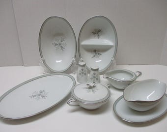 Noritake Lucille China Set: Platter, Bowls, Gravy Boat, Creamer, Sugar, Salt & Pepper