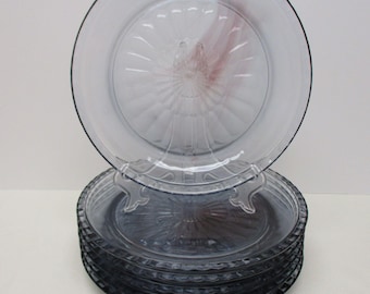 Unique Fostoria Virginia Pattern Light Blue with a Magenta Swirl: 6 Dinner Plates