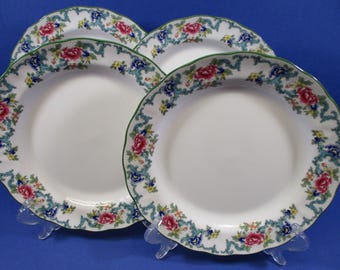 Royal Doulton Floradora Green Fine China 1980's: 4 Dinner Plates