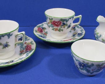 Royal Doulton Floradora Green Fine China 1980's: Factory Seconds, 2 Demitasse Cups, 2 Saucers, Mini Sugar Bowl, Mini Creamer