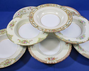 Vintage Noritake China Mismatched Rim Soup Bowls: 8 Different Patterns 1930 - 1940's