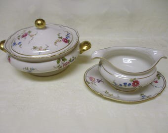 Castleton China Sunnyvale Pattern - Covered Vegetable Bowl, Gravy Boat with Attached Underplate