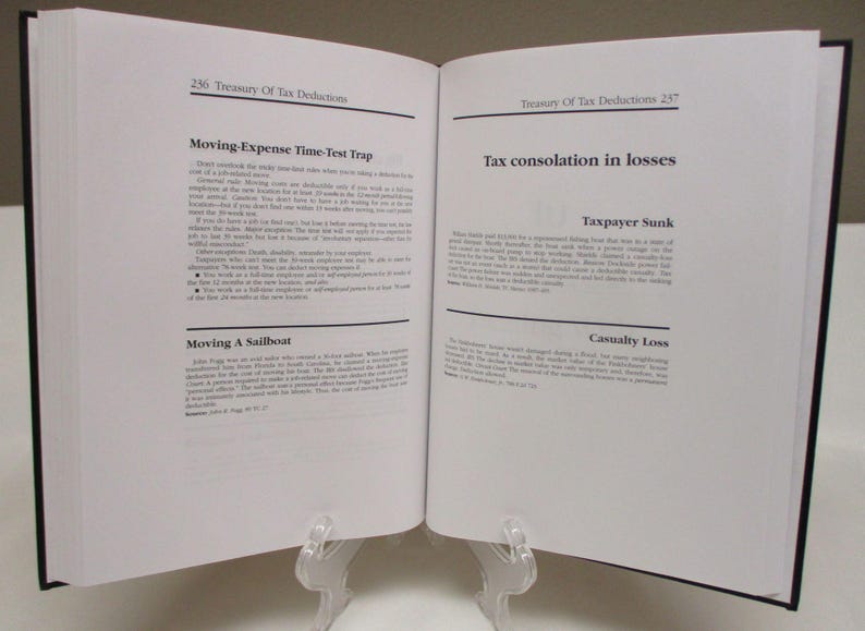 May include: An open book titled "Treasury Of Tax Deductions" with text on the pages. The left page has the title "Moving-Expense Time-Test Trap". The right page has the title "Tax consolation in losses". The book is held open by a clear plastic stand.