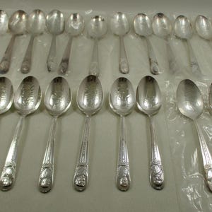 May include: A collection of silver spoons, arranged in rows. The spoons have a classic design with detailed handles and oval bowls. The spoons are individually wrapped in clear plastic, suggesting they are new or unused.