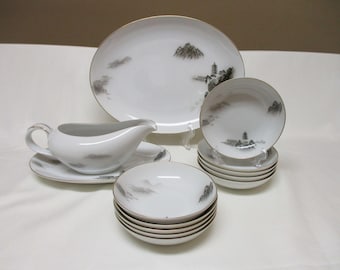 Fukagawa Arita Landscape 903 Pattern: Gravy Boat, Platter, Fruit/Berry Bowls