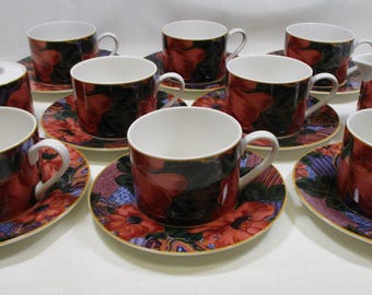 Victoria & Beale Fine Translucent Porcelain Ambrosia Pattern: 8 Cups, 8 Saucers, Sugar and Creamer