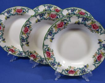 Royal Doulton Floradora Green Fine China 1980's: 5 Flat Rim Soup Bowls