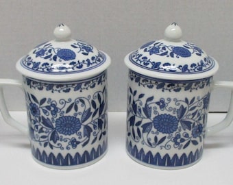 Jingdezhen Zhi Blue and White Floral Covered Porcelain Mugs - Set of 4