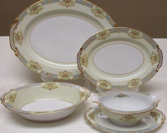 Rose China RO90 Pattern Serving Dishes 1940s Made in Occupied Japan: 2 Oval Serving Platters, Oval Serving Bowl, Gravy Boat