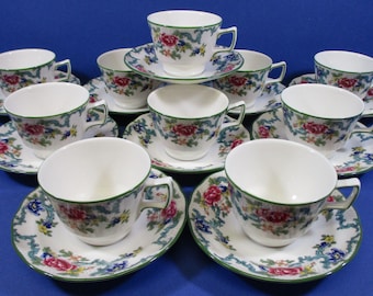 Royal Doulton Floradora Green Fine China 1980's: 10 Cups, 10 Saucers