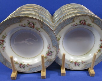 Noritake M China Bluedawn #622 Pattern Made in Occupied Japan Circa. 1940's: 12 Rim Soup Bowls