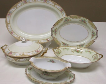 Noritake Mismatched Hostess Set 1930's - 1940's 3 Different Patterns: Covered Vegetable Bowl, 2 Oval Platters, Serving Bowl, Gravy Boat