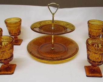 Indian Amber Glass: 2 Tier Tidbit Tray and 6 Water Goblets