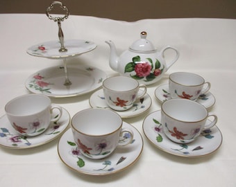 Afternoon Tea: Mismatched Floral Teapot, 2 Tier Tray, Cups and Saucers