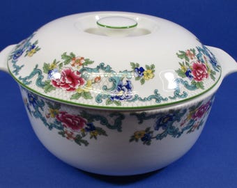 Royal Doulton Floradora Green Fine China 1980's: 3 Quart Round Covered Casserole Dish